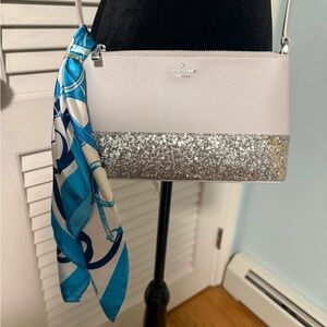 Kate Spade Silver and White Glitter Crossbody bag! NWOT with free bag scarf!